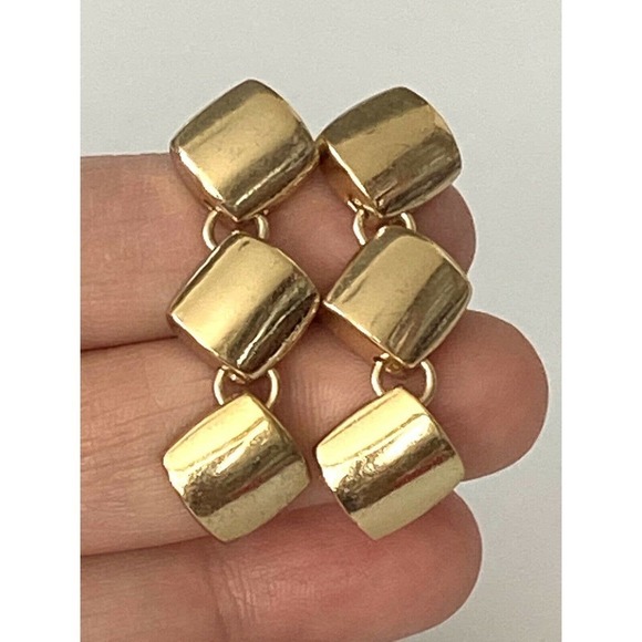 MONET Earrings 90”s Dangles Drops Gold Tone Geometric Signed - Picture 2 of 10